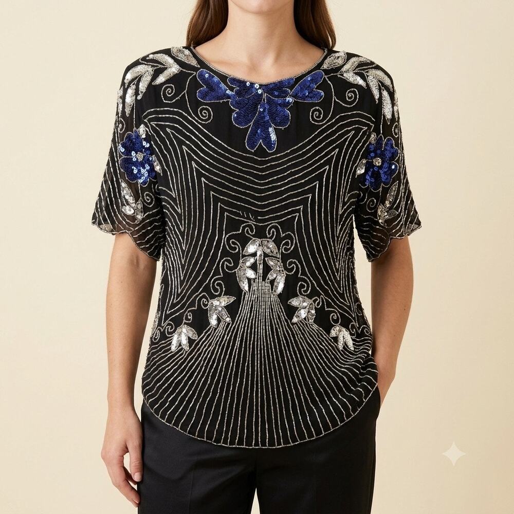 V 083-Vintage Silk Beaded Top / PTP 23”